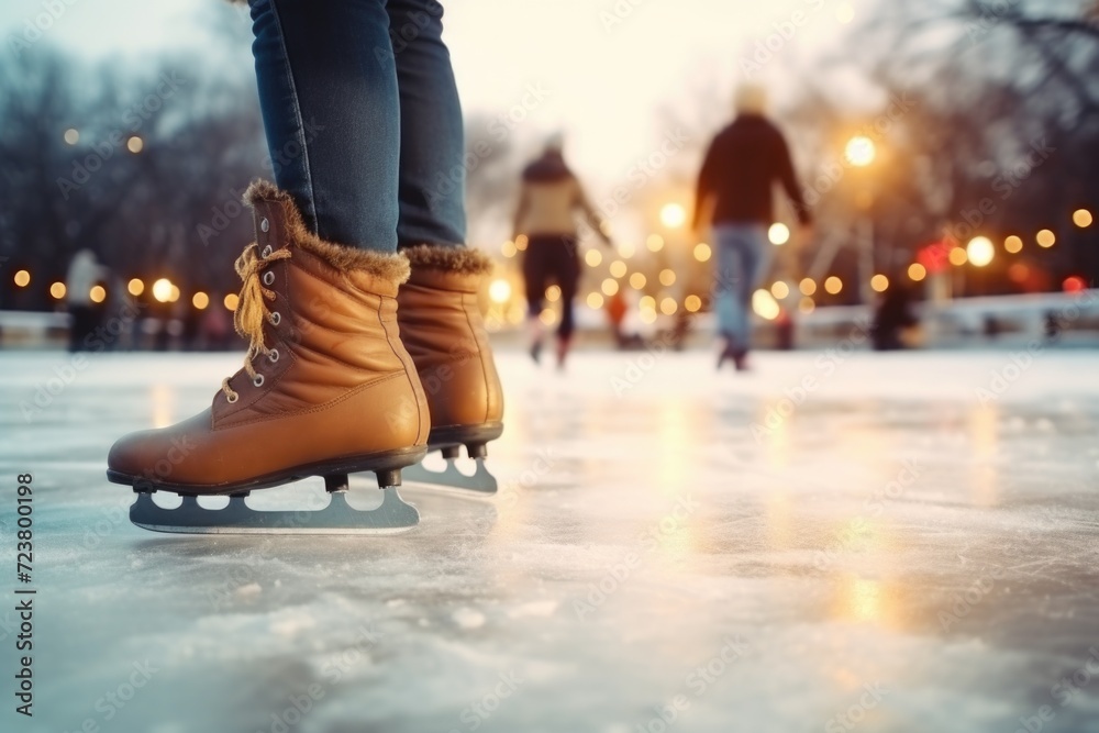 A pair of brown boots sitting on the icy surface A pair of brown boots sitting on the icy surface