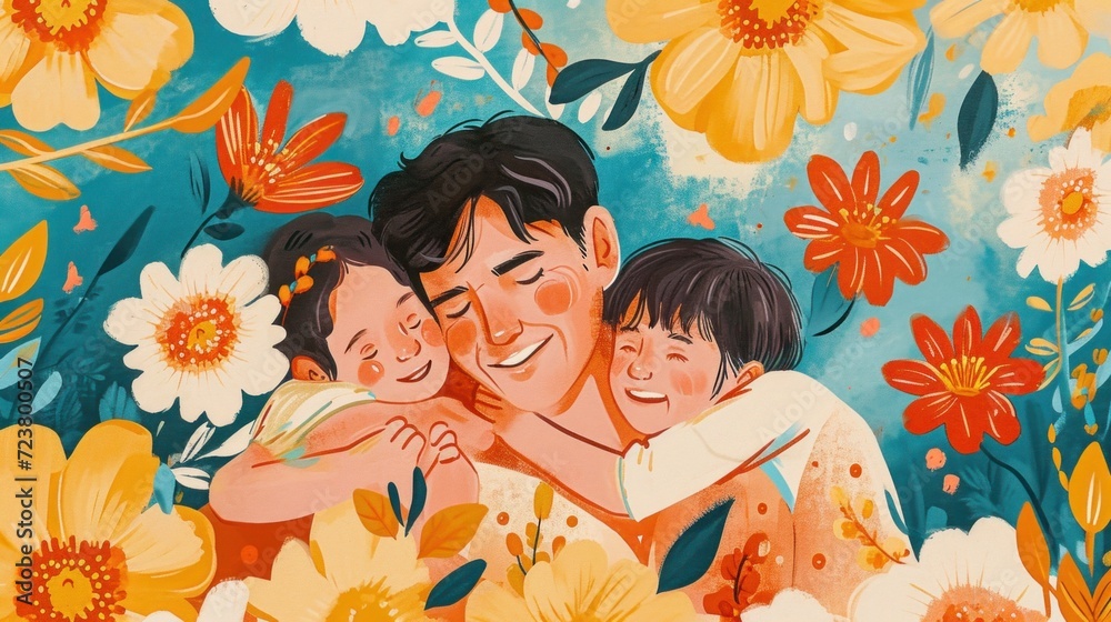 Father and kids share a moment of love and laughter in this cheerful Father's Day illustration. Father and kids share a moment of love and laughter in this cheerful Father's Day illustration.