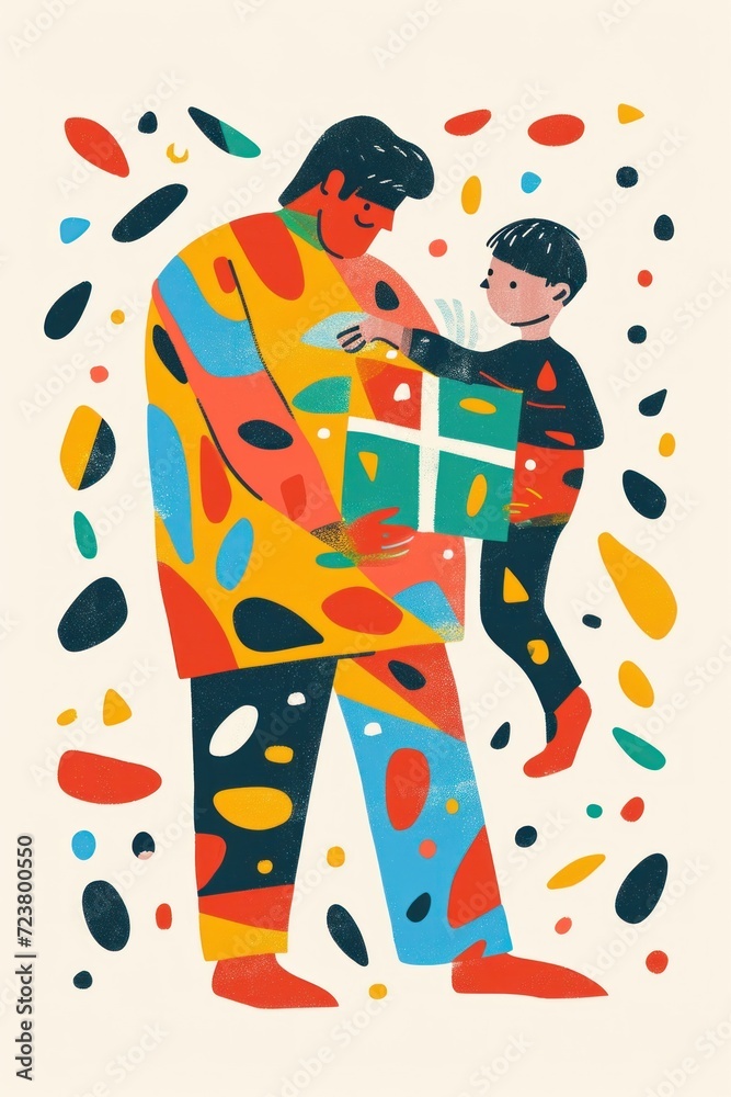 Playful father-child interaction depicted in a cheerful design. Playful father-child interaction depicted in a cheerful design.