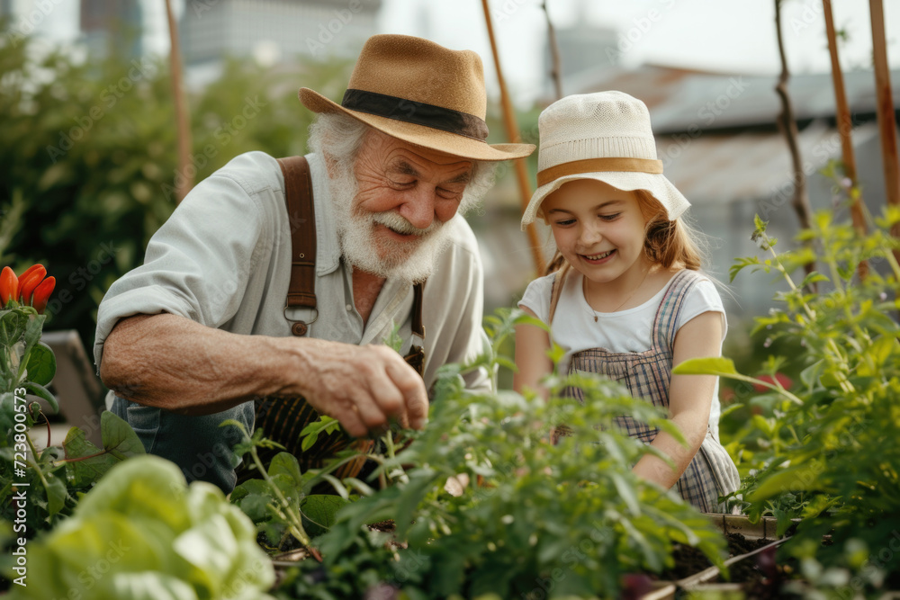 Grandfather and his granddaughter with plants in the rooftop garden. Happy smiling little girl and senior man gardening together