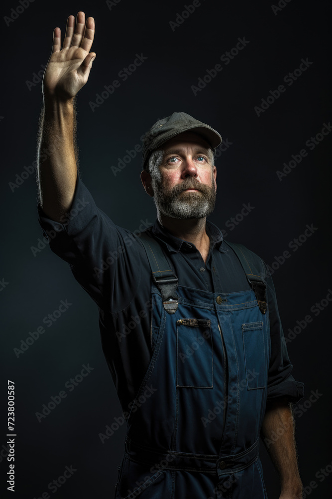 Male worker raising his hand in greeting