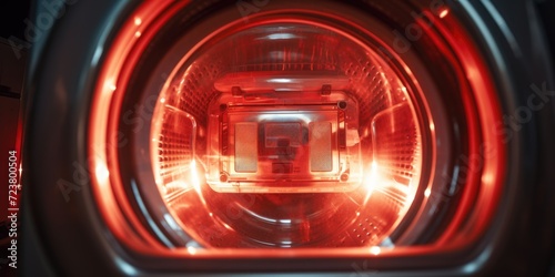 Red light illuminated inside a machine. Can be used to depict power, technology, or warning signs.