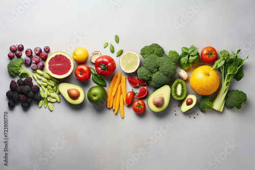 Healthy food background. Fresh fruits and vegetables on grey table  top view