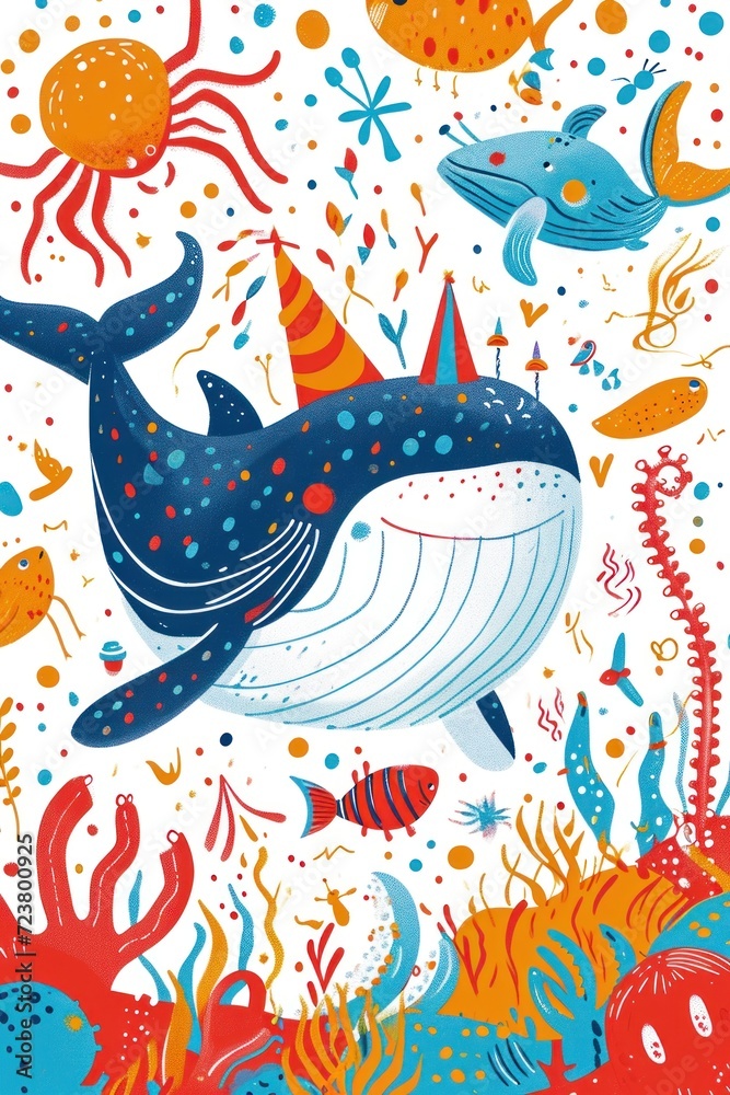 Cheerful marine life gathers for a bubbly sea-party.