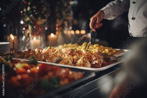 A person is seen cutting food with a knife on a table. This image can be used to showcase cooking  meal preparation  or dining experiences