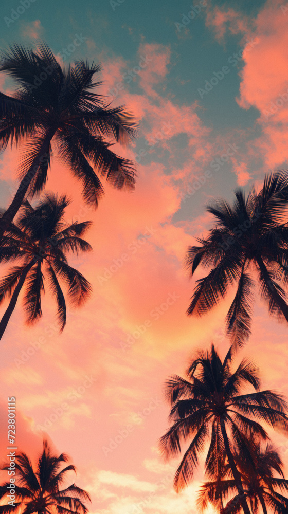 Coconut palm tree silhouettes at sunset sky background. Vintage tone .