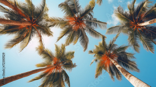 Coconut palm trees on blue sky background. Summer and travel concept. Vintage tone filter effect color style .