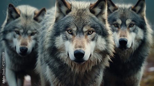 Three gray wolves standing together in a powerful display of unity. Perfect for illustrating teamwork, strength, and the beauty of nature.