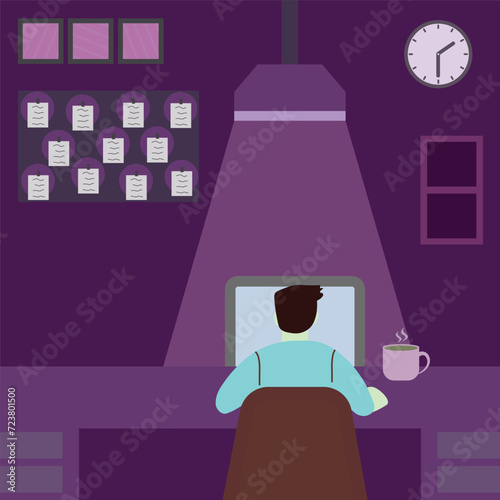 Vector cartoon background of overtime at dark room