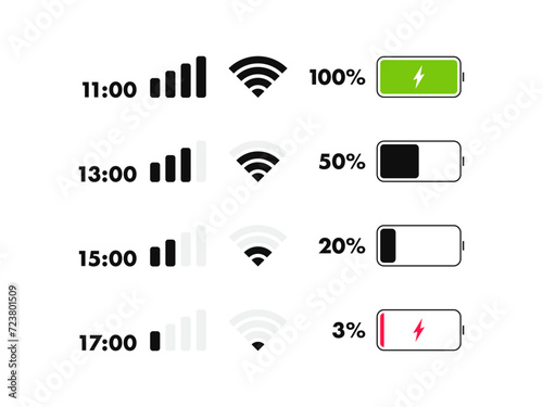 Phone life bar status. Mobile indicator of time, wifi signal, level of mobile communication and battery level of charge. Icons for UI, UX design. Vector illustration