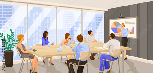 Staff meeting at long desk on presentation in office room. Manager stands near financial diagram. Team work on conference. Business training, discussion, brainstorming in cabinet. Vector illustration