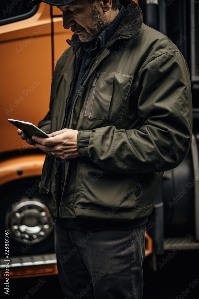 A man stands in front of a truck, looking at his cell phone. This image can be used to depict distracted driving or a person checking their phone while on the road