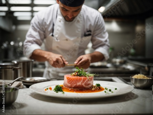 Chef preparing a salmon carpaccio in a professional restaurant kitchen