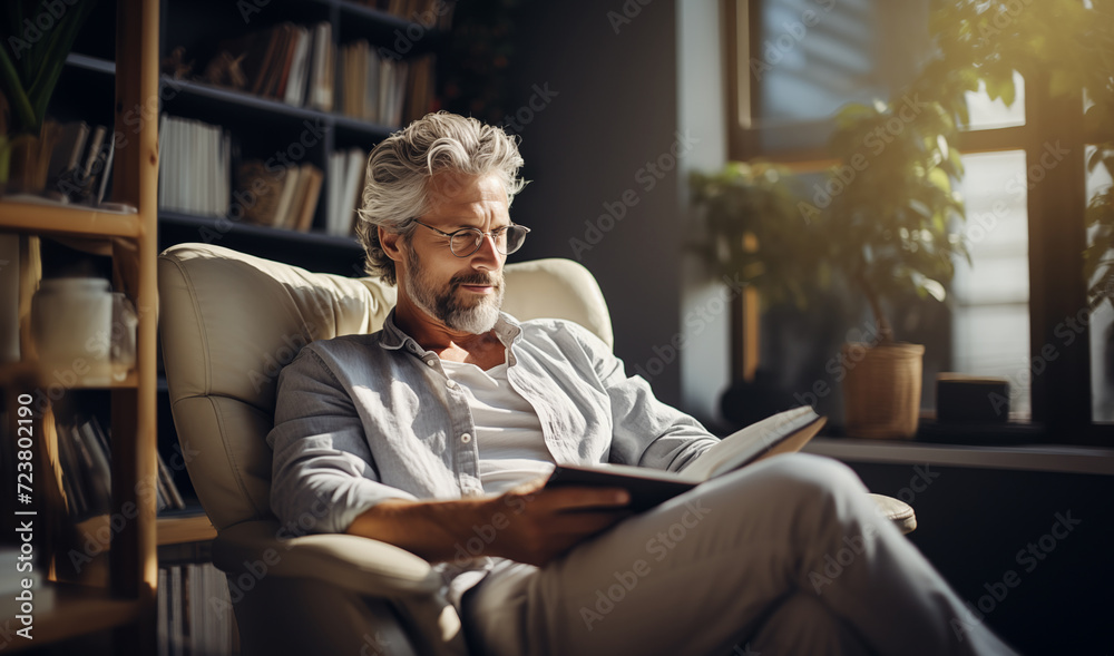 Stylish senior grey hear bearded man in glasses dressed light comfortable casual home clothing sitting in cozy armchair reading paper bestseller novel book in home library.Happy retirement concept. - obrazy, fototapety, plakaty 