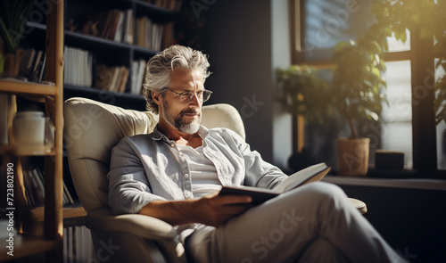 Stylish senior grey hear bearded man in glasses dressed light comfortable casual home clothing sitting in cozy armchair reading paper bestseller novel book in home library.Happy retirement concept. photo