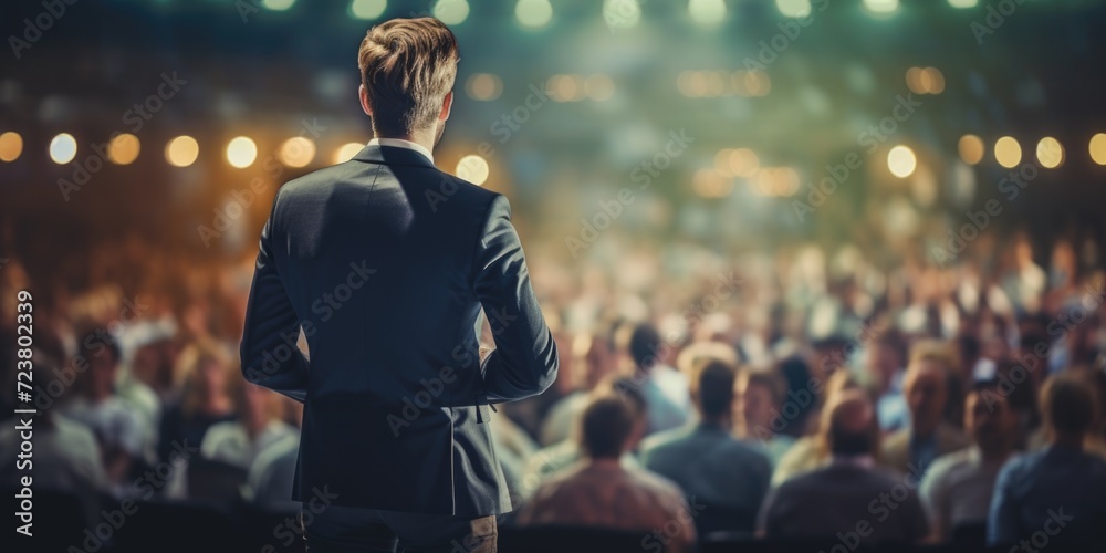 A man in a suit stands confidently in front of a large crowd. Perfect for business presentations or leadership concepts A man in a suit stands confidently in front of a large crowd. Perfect for business presentations or leadership concepts