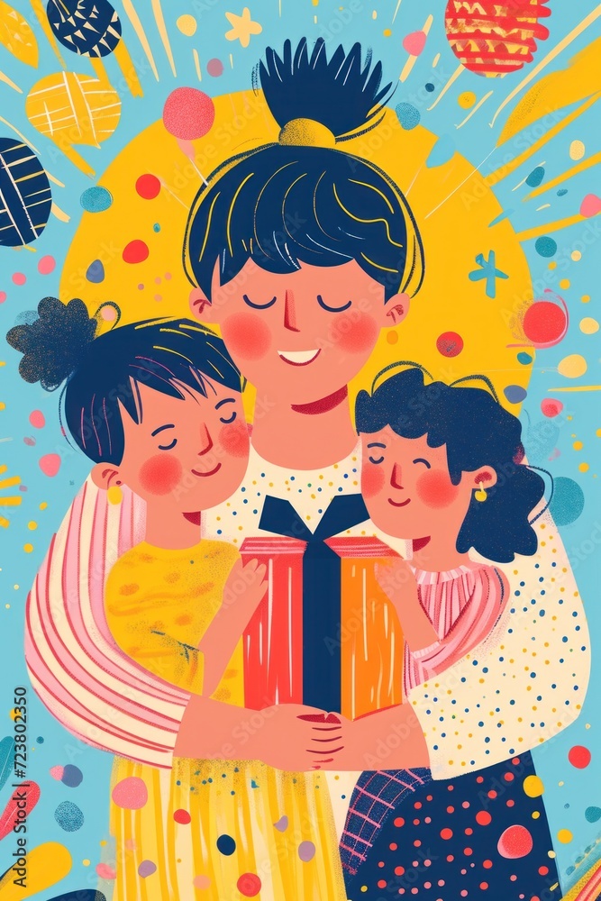 Vibrant illustration of a mother and child embracing on Mother's Day. Vibrant illustration of a mother and child embracing on Mother's Day.
