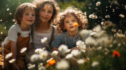 Three children sitting in a field of flowers. Ideal for family, nature, and summer-themed projects