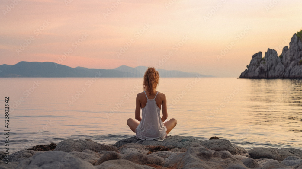 Young woman meditating in lotus position on the beach at sunset