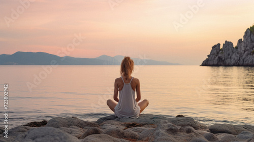Young woman meditating in lotus position on the beach at sunset © Art AI Gallery