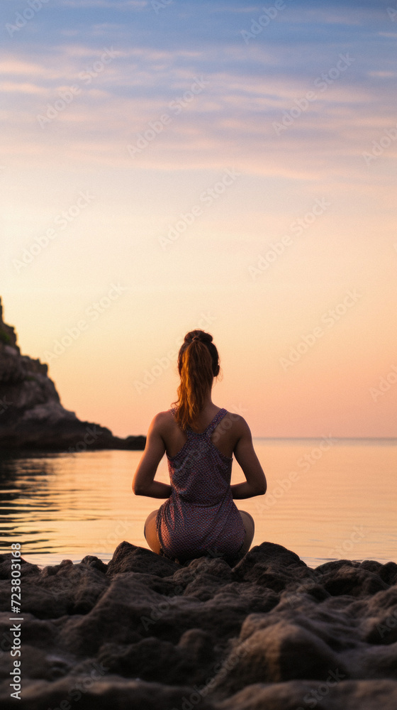 Young woman practicing yoga on the beach at sunset. Yoga concept .