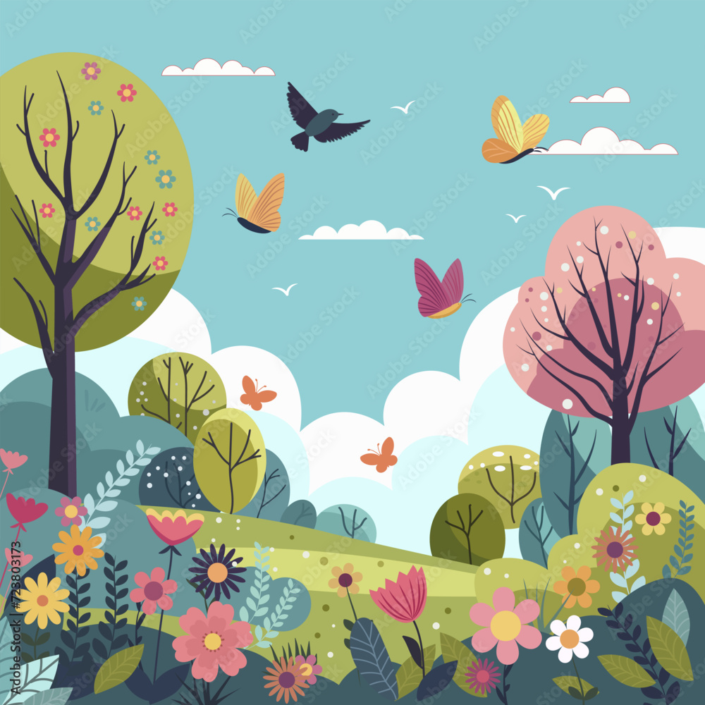 Spring landscape green meadow with butterflies on sky. Colorful wild flowers blooming. Artistic drawing with green forest and natural flora. Scenic background outdoor countryside. Vector illustration