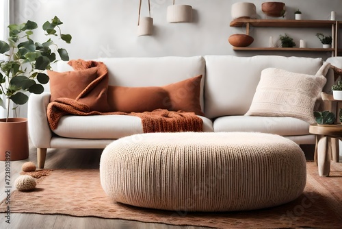 an AI image of a Scandinavian hygge-style home interior featuring a knitted pouf placed next to a white fabric sofa adorned with a cozy blanket and complemented by terra cotta pillows