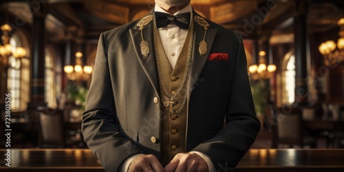A man dressed in a formal tuxedo standing at a bar. Ideal for advertisements or event promotions