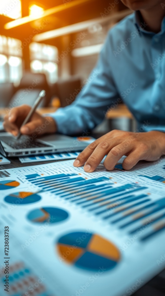 Fototapeta premium Businessman analyzing financial data and graphs on desk in office.