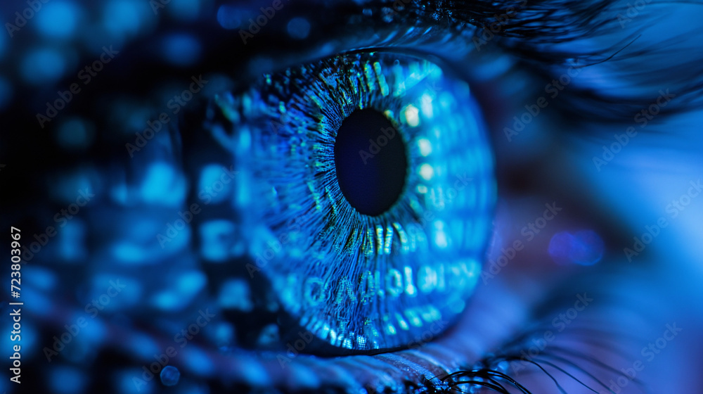 Digitales 3d Auge leuchtet mit Zahlencodes und Quelltext kryptisch symbolisch für Datenschutz und Privatsphäre der Identität schützen Generative AI - obrazy, fototapety, plakaty 