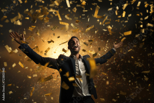 a man celebrating a success or win, or a cash prize, lotto gambling win of big money achievement job promotion or getting a team pitch contract