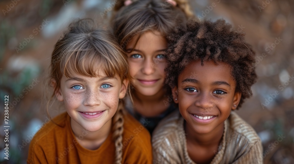 Portrait of a group of kids looking at camera in the park. Generative Ai. Portrait of a group of kids looking at camera in the park. Generative Ai.