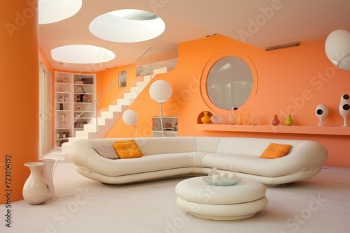 Modern bauhaus living room interior design pastel orange colors © LFK