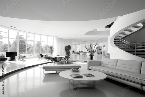 Modern interior staircase bauhaus living room interior design white gray colors © LFK