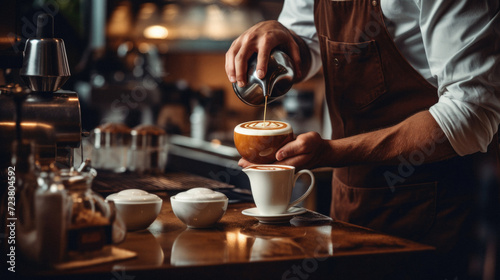 Barista making a cappuccino in a coffee shop . photo