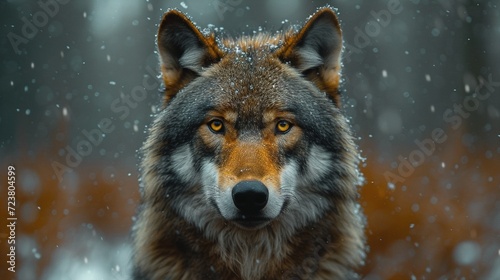 Close-up portrait of a wolf in winter forest. Wildlife scene from nature. Generative Ai. 