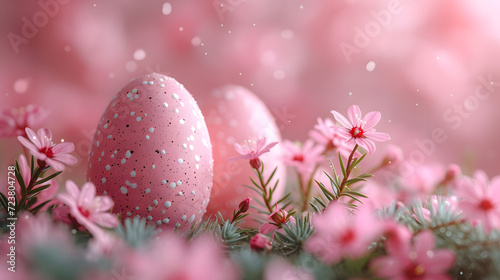 Two Pink Eggs on Top of a Field of Flowers