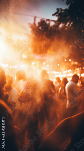 Crowd of people at a music festival. Blurred background .