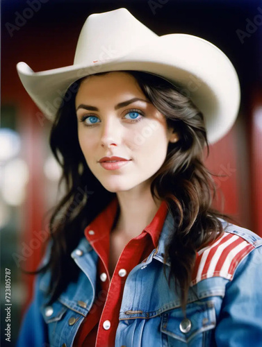 Stylish 30YearOld Woman in Denim Jacket and Patriotic Cowboy Hat photo