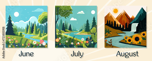 Summer calendar with landscape meadow with blue sky. Colorful wild flowers blooming. Artistic drawing with green forest and natural flora. Scenic background of outdoor countryside. Vector illustration photo