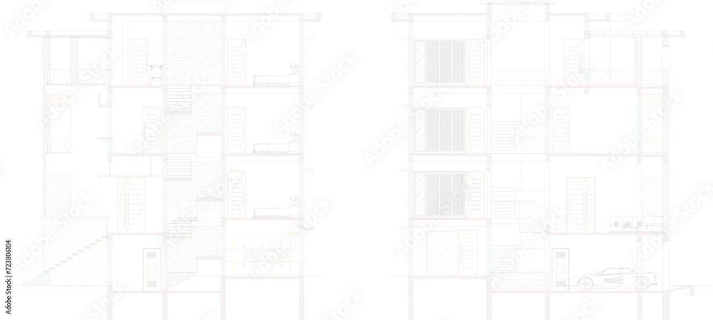 Sketch vector illustration of technical drawings for modern minimalist house section designs in big cities