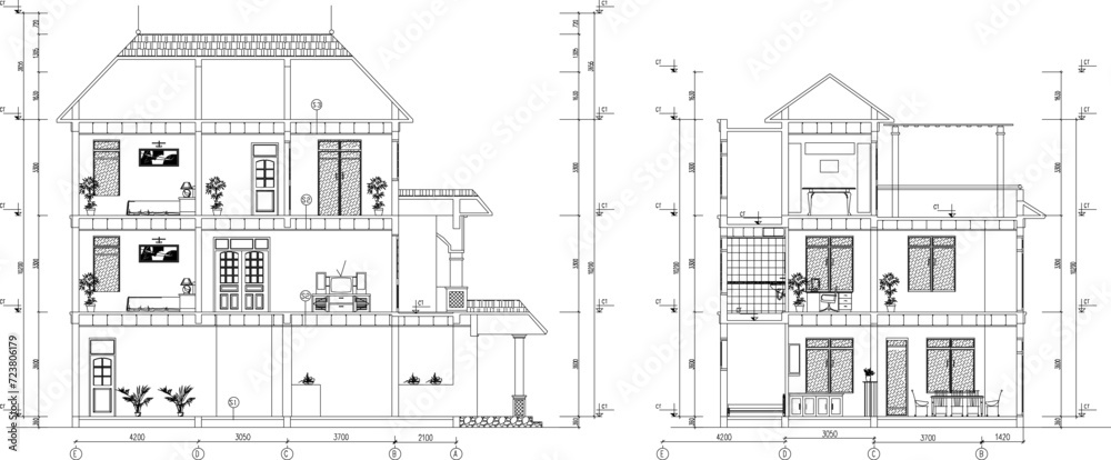 Vector sketch illustration of the architectural design of the section of an old luxury classic Mediterranean vintage house