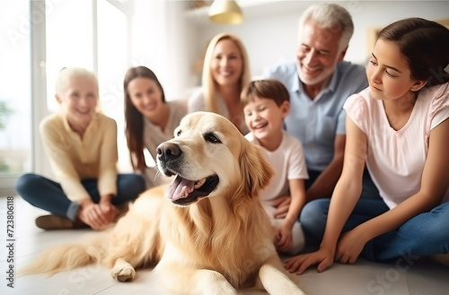 Big multi generation family spending bonding times with cute golden retriever dog at home. photo