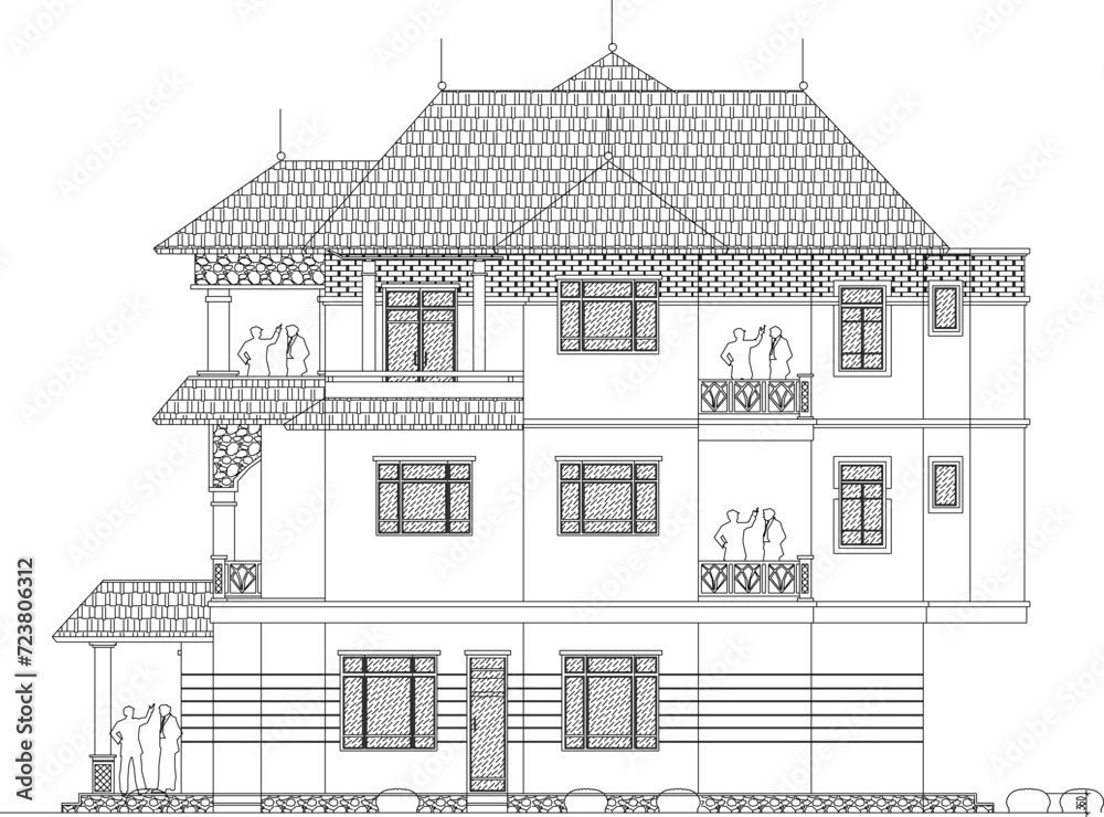 Sketch vector illustration design architectural drawing of classic vintage Mediterranean luxury old house 