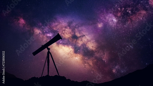 Sternenhimmel beaobachten und auf Sternschnuppe warten am Feuer mit Teleskop Generative AI photo