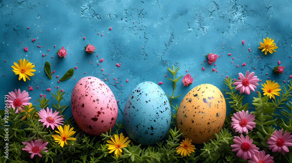 Colorful Eggs Resting on a Field of Flowers Colorful Eggs Resting on a Field of Flowers