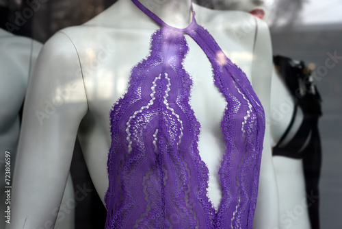 Closeup of purple underwear on mannequin in a fashion store showroom