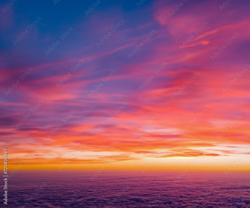 Ideal for Sky replacement project: colorful pink-orange-blue dramatic sky with clouds illuminated by red sunset, aerial photography, far horizon without obstacles.