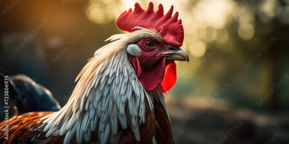 A detailed close-up image of a rooster featuring a vibrant red comb. This picture can be used for various projects and designs