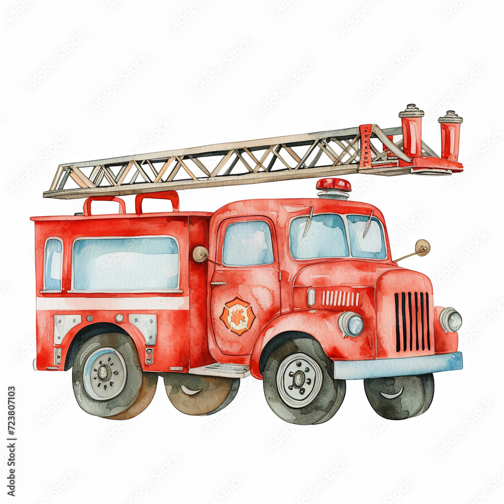 Cute hand drawn watercolor fire engine emergency service childs poster wall art